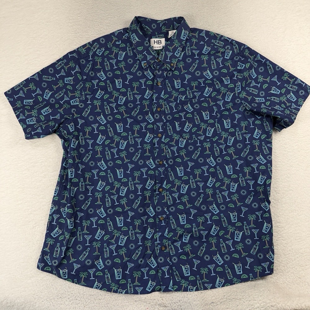 HB FIT BY DXL 2XL Short Sleeve Shirt Blue Martini Palms Print Button Down Pocket